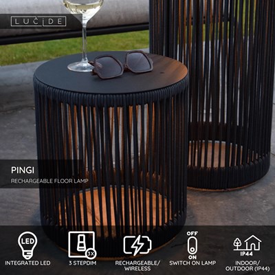 Lucide PINGI - Rechargeable Floor lamp Indoor/Outdoor - Battery pack - Ø 33,5 cm- LED 3 StepDim - 1x3W 3000K - IP44 - Black